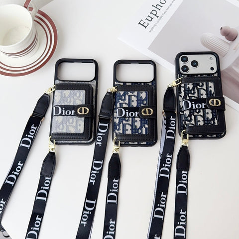 Dior Leather Phone Case With Card Wallet And Strap For iPhone 17 / 16 / 15 / 14