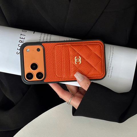 Leather Phone Case and Two Card Slots with Gold Label For iPhone 17/ 16 /15 / 14